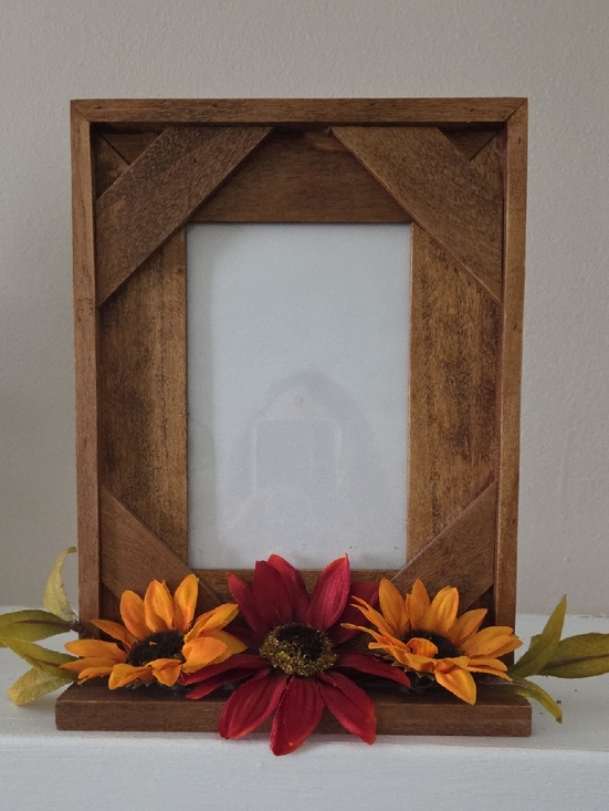Other - Rustic Wooden Photo Frame with Red & Orange Sunflowers -